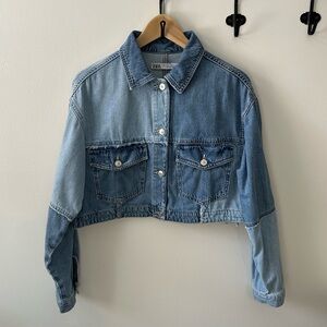 Zara Blue Denim Cropped Patchwork Jean Jacket